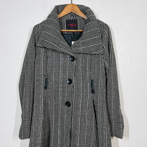 NEW! Yoki Tweed Pea Coat Button Front Coat Long Sleeve Check Stripe - L - Picture 2 of 5